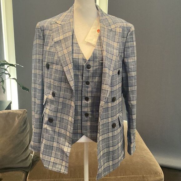 Men’s Mogu Plaid Suit Jacket and Vest Set Size 30 NWT - Picture 6 of 16